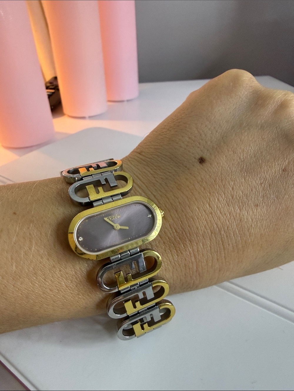 Fendi Two-Tone Gold and Silver Oval Dial Bracelet Watch